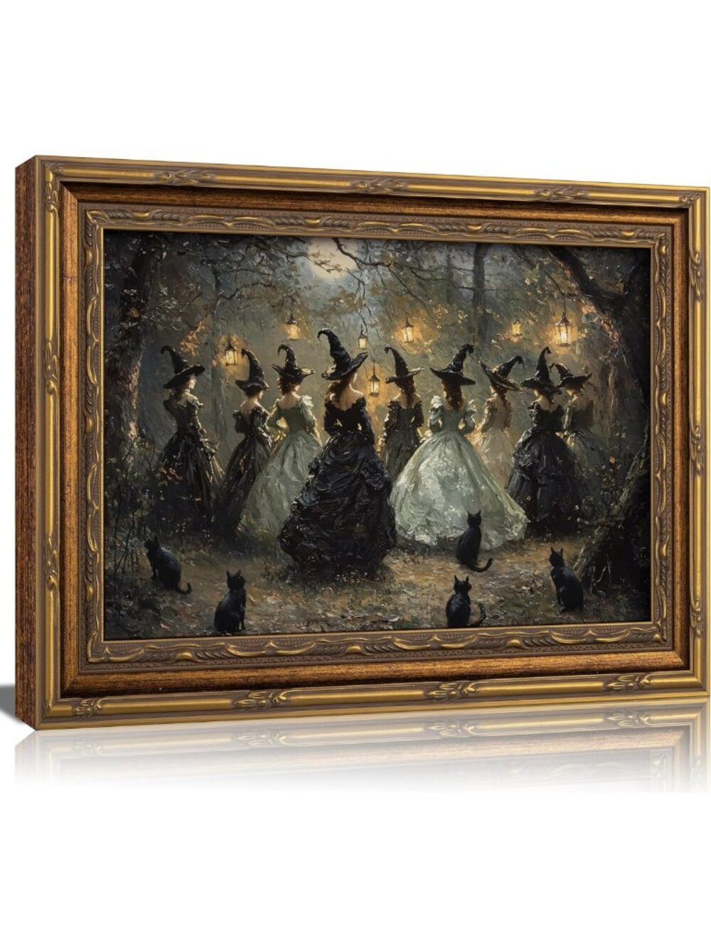 Vintage Gold Framed Gothic Black Cat Canvas Art | Dark Academia Wall Decor